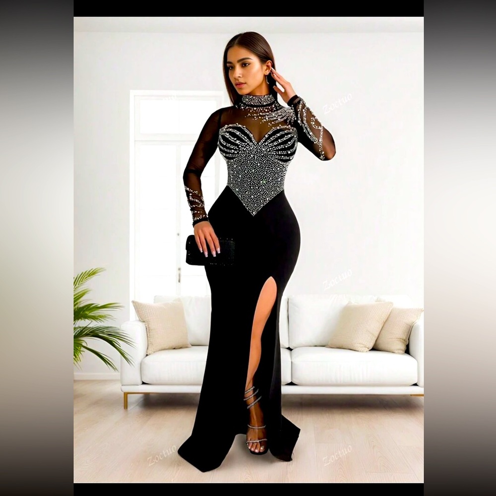 Long sleeve rhinestone dress with slit